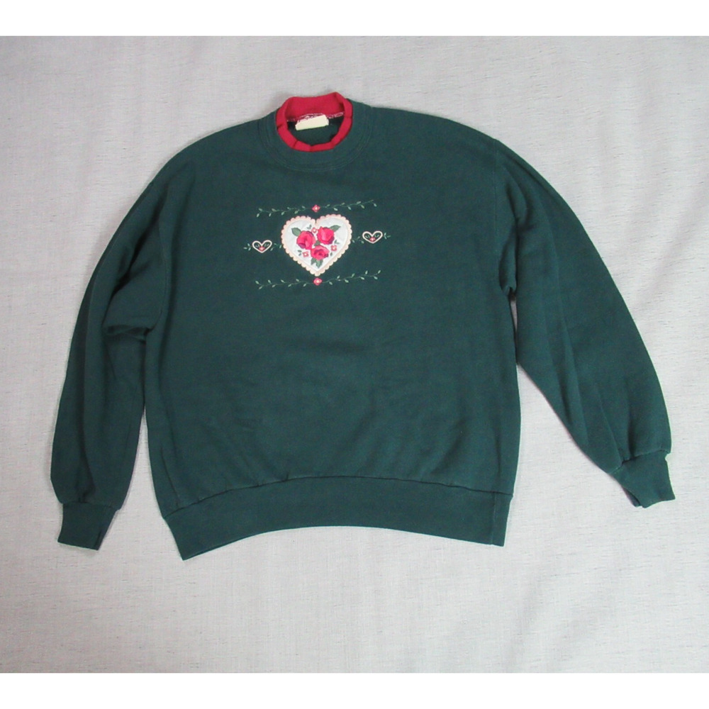 Top Stitch Sweatshirt Women XL Green Fleece Heart Roses Grannycore Retro Country